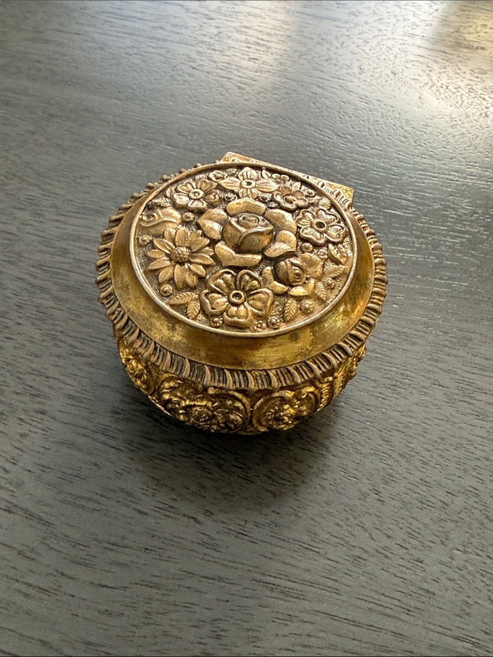 Vintage Japan Ornate Gold Tone Floral Footed Trinket Jewelry Box Red Velvet